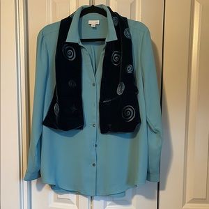 Minty Green Button-Up Blouse with Velvet n Satin Scarf
